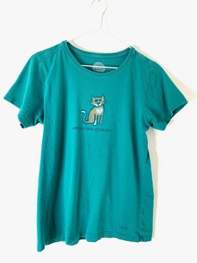 Life Is Good Cat Graphic Tee Aqua Green Classic Fit